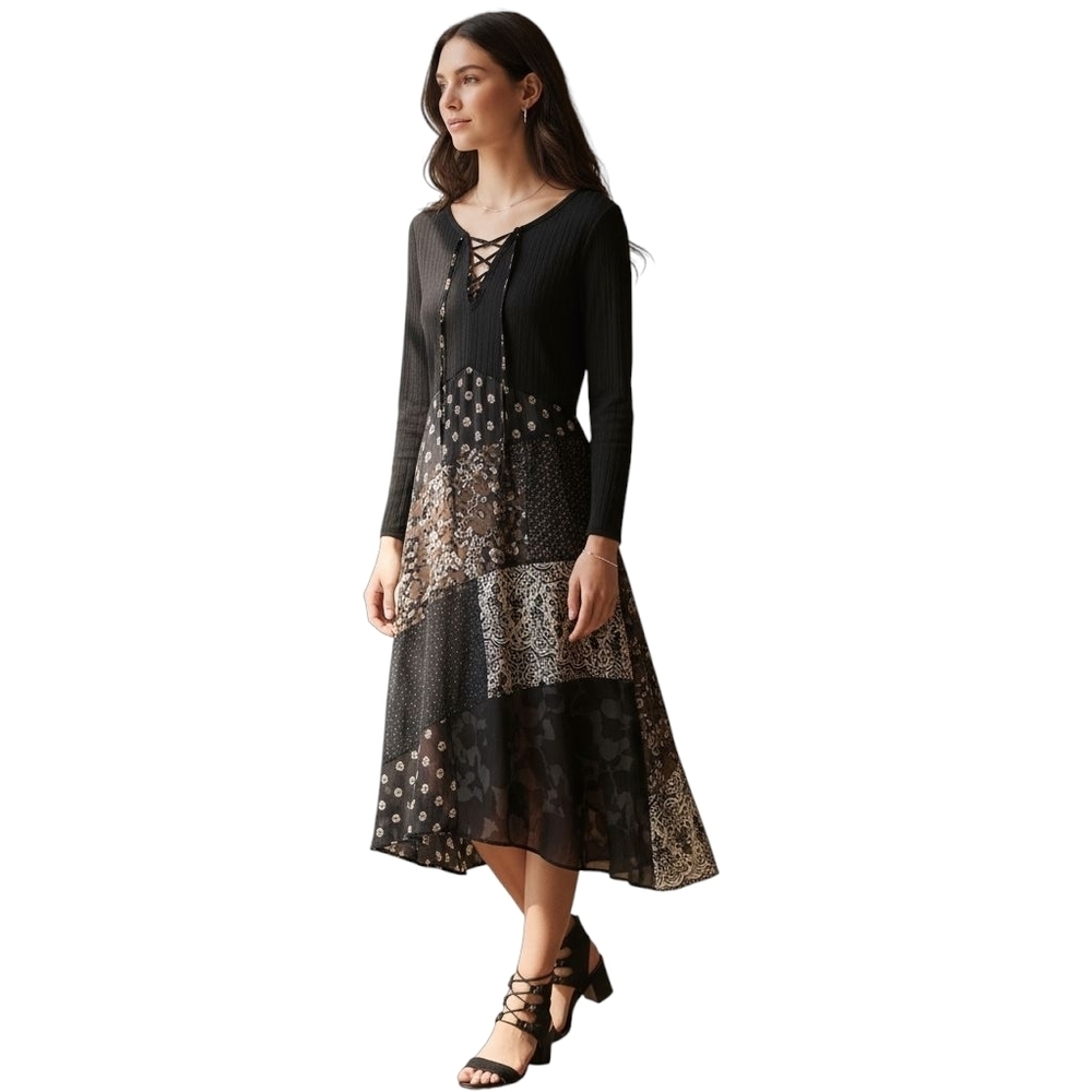 Anthropologie Maeve Black Belle Noir Patchwork Midi Dress